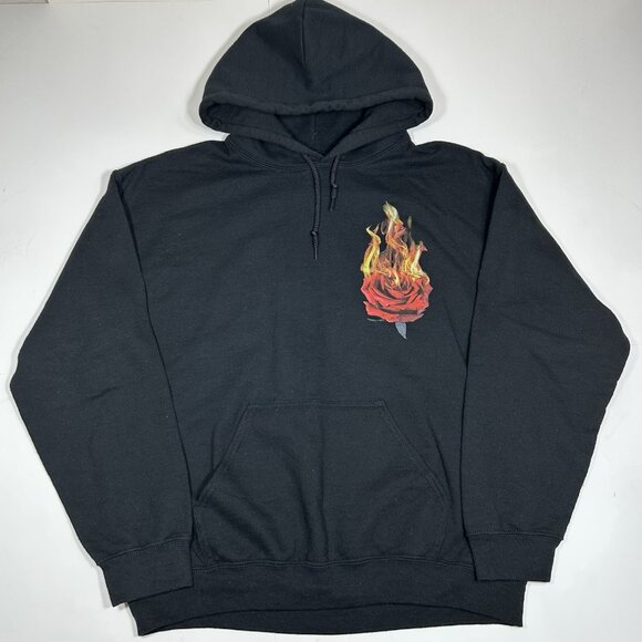 Gildan Men Heavy Blend Black TRIANGLE ROSE FLAME PRINT HOODIE Fleece Pocket Sz M - Picture 1 of 5
